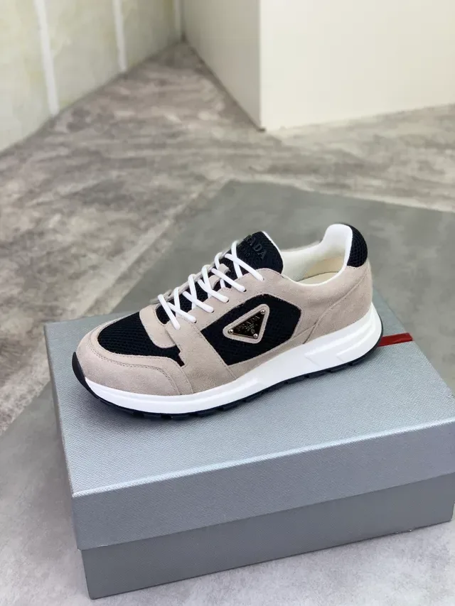 Prada Cloudbust Beige Black Suede And Mesh Paneling Triangular Metal Logo Plaque Lifestyle Sneakers 4