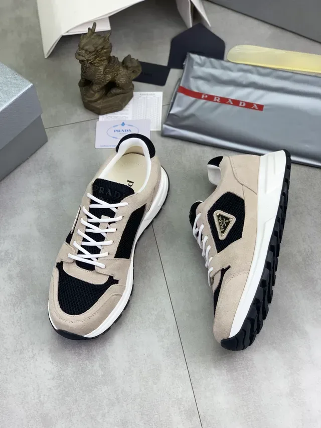 Prada Cloudbust Beige Black Suede And Mesh Paneling Triangular Metal Logo Plaque Lifestyle Sneakers 5