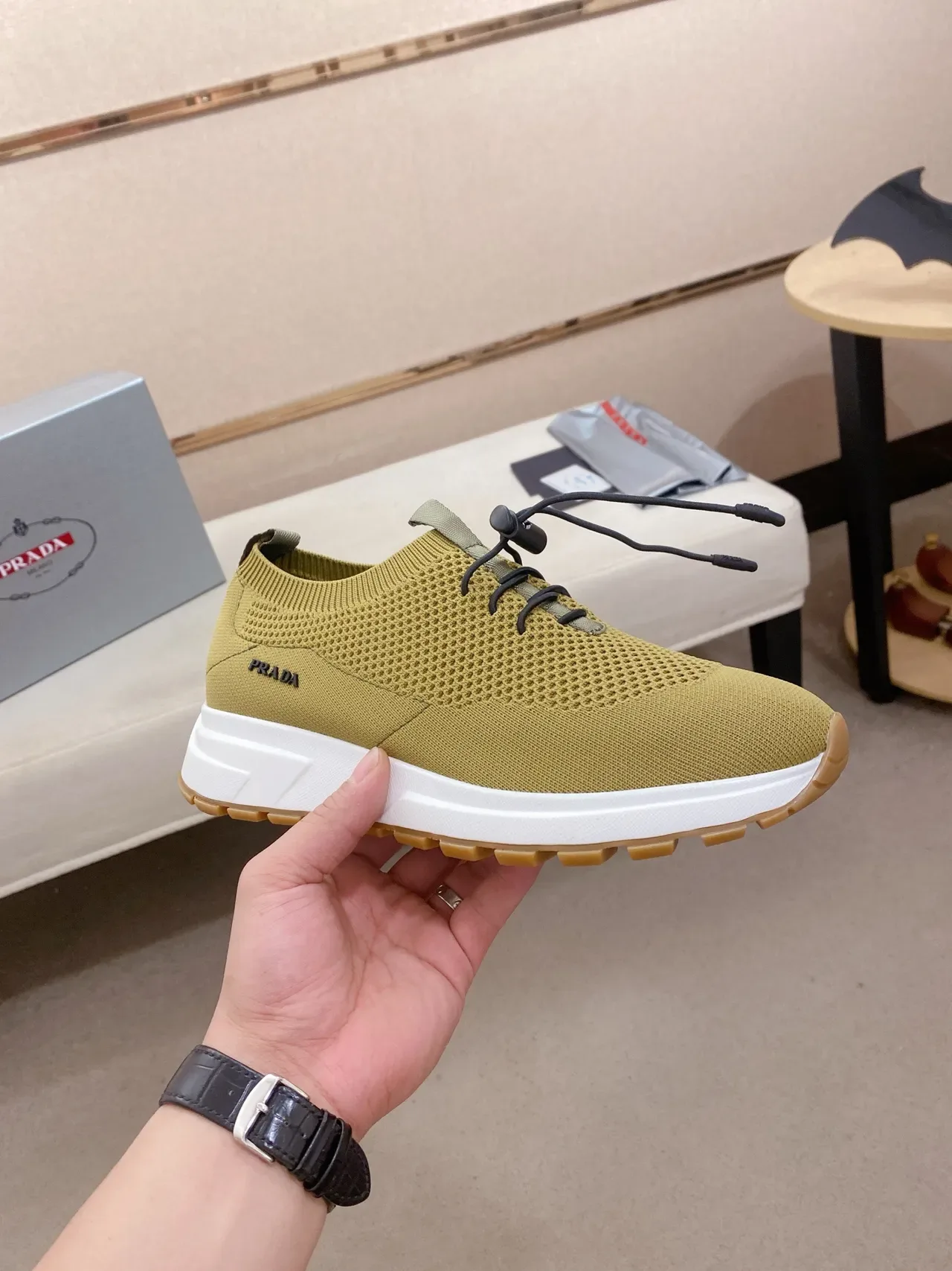 Prada Cloudbust Beige White Knit Upper Sock-Fit Collar Lifestyle Sneakers 5