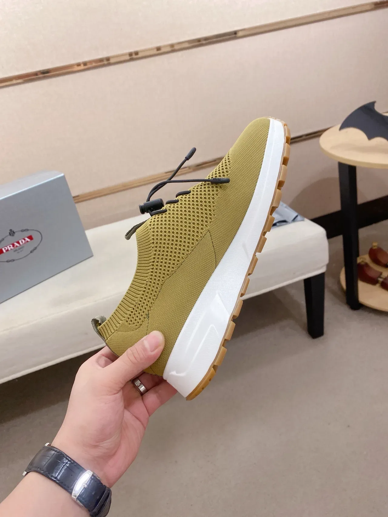 Prada Cloudbust Beige White Knit Upper Sock-Fit Collar Lifestyle Sneakers 6