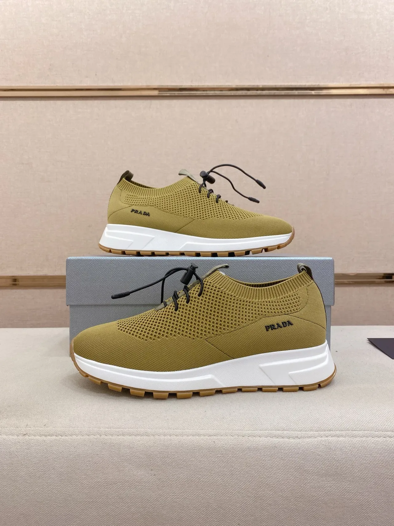 Prada Cloudbust Beige White Knit Upper Sock-Fit Collar Lifestyle Sneakers 8