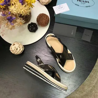 Prada Cloudbust Black Beige Glossy Patent Leather Crisscross Strap Casual Sandals