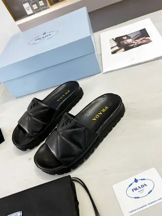 Prada Cloudbust Black Quilted Leather Platform Slippers 8