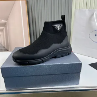 Prada Cloudbust Black Sock-Fit Knit Upper Rubberized Chunky Sole Ankle Boots