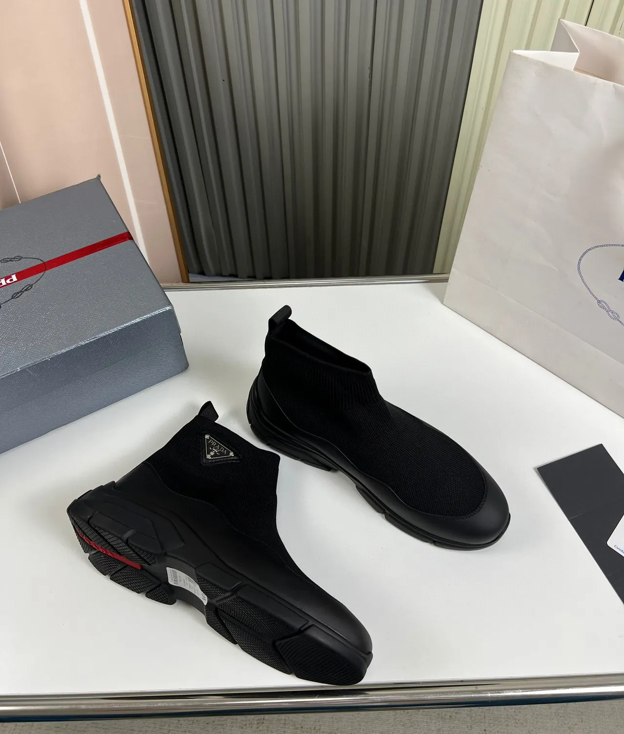 Prada Cloudbust Black Sock-Fit Knit Upper Rubberized Chunky Sole Ankle Boots 5