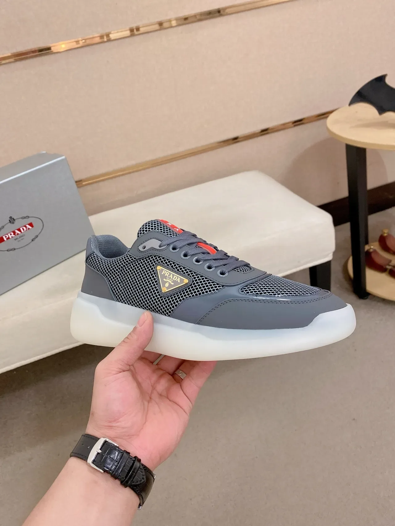 Prada Cloudbust Gray Mesh and Glossy Synthetic Lifestyle Sneakers 5