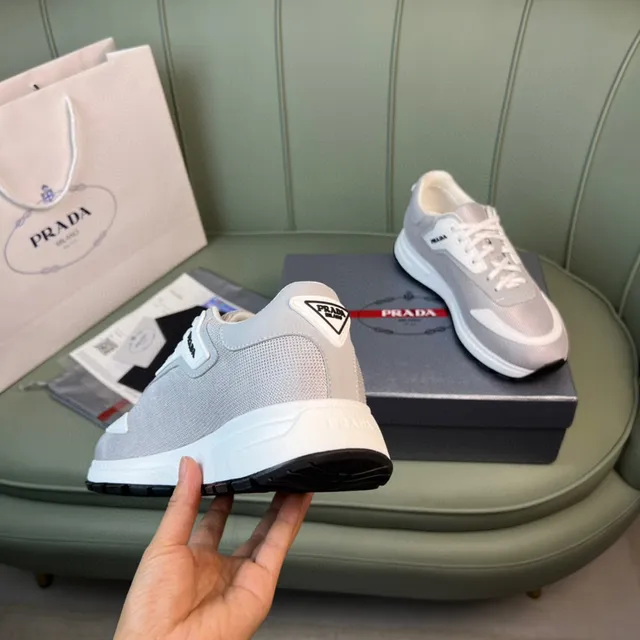 Prada Cloudbust Gray White Mesh Upper Asymmetrical Overlay Lifestyle Sneakers 2