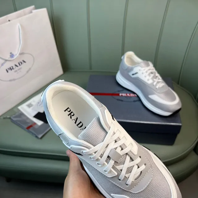 Prada Cloudbust Gray White Mesh Upper Asymmetrical Overlay Lifestyle Sneakers 3