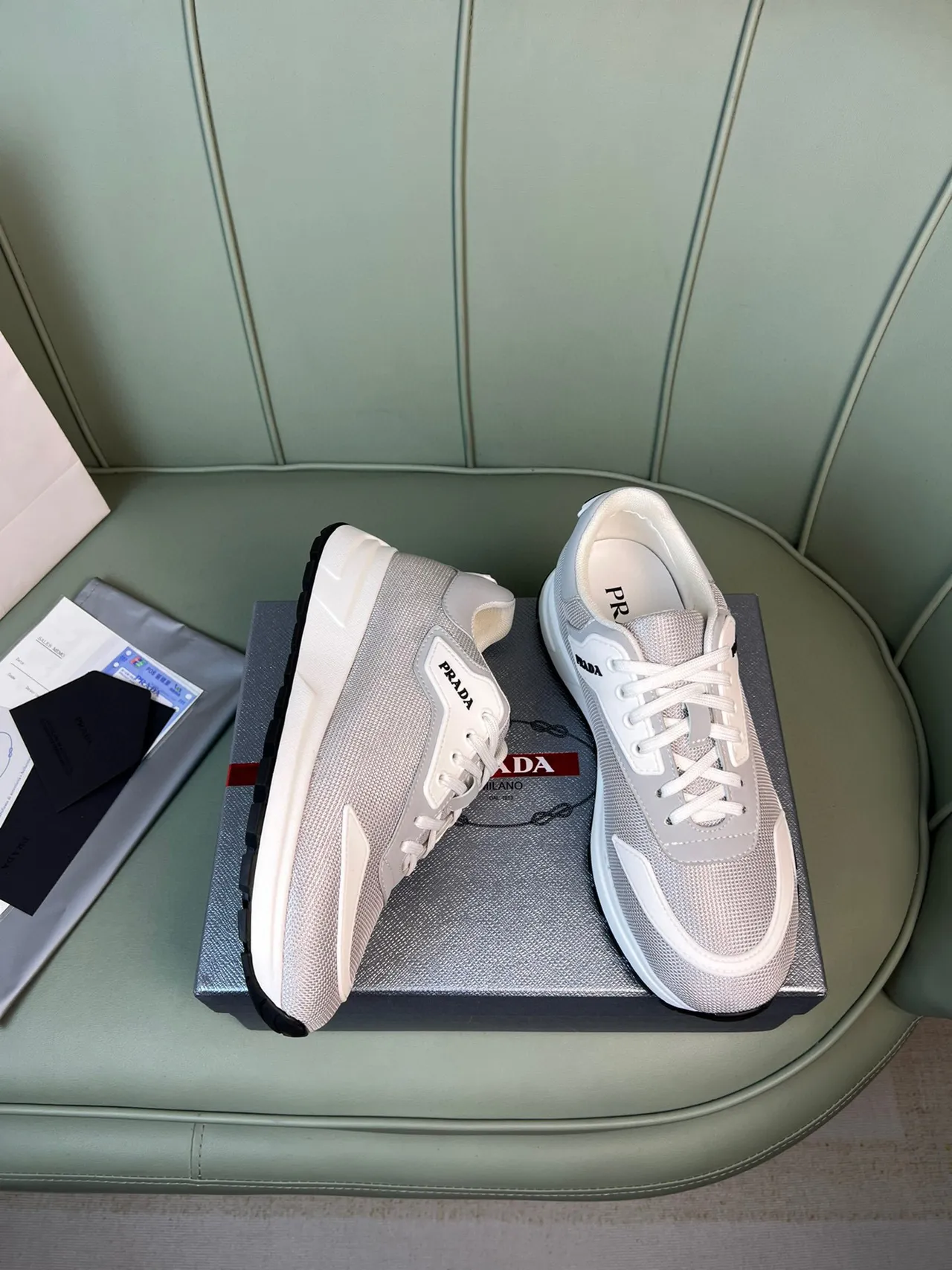 Prada Cloudbust Gray White Mesh Upper Asymmetrical Overlay Lifestyle Sneakers 4