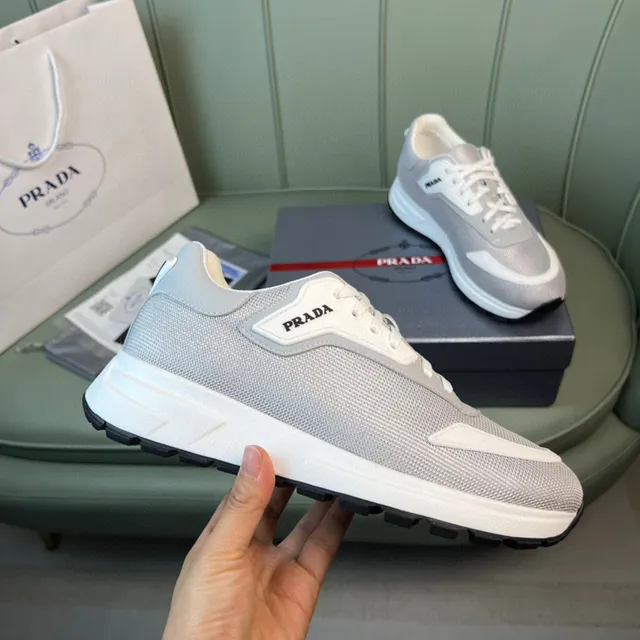 Prada Cloudbust Gray White Mesh Upper Asymmetrical Overlay Lifestyle Sneakers 5