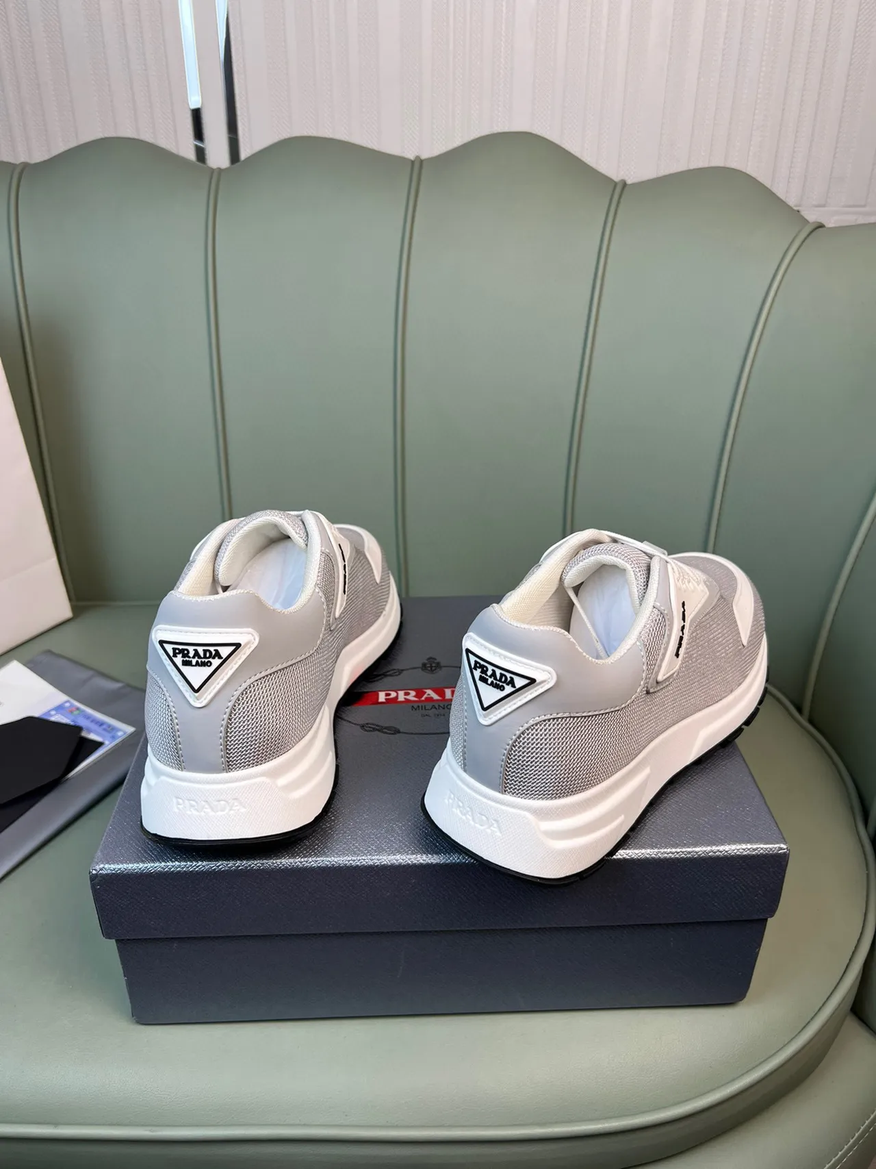 Prada Cloudbust Gray White Mesh Upper Asymmetrical Overlay Lifestyle Sneakers 6