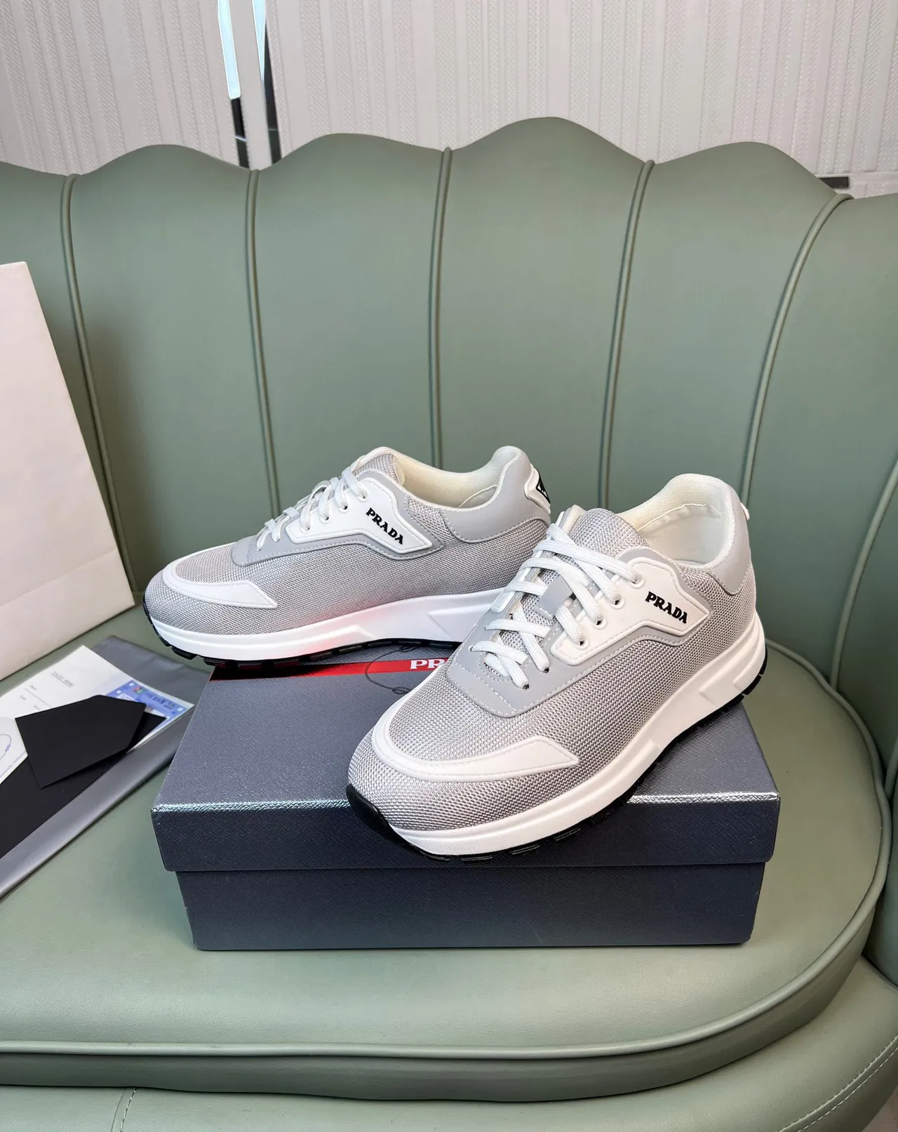 Prada Cloudbust Gray White Mesh Upper Asymmetrical Overlay Lifestyle Sneakers 8
