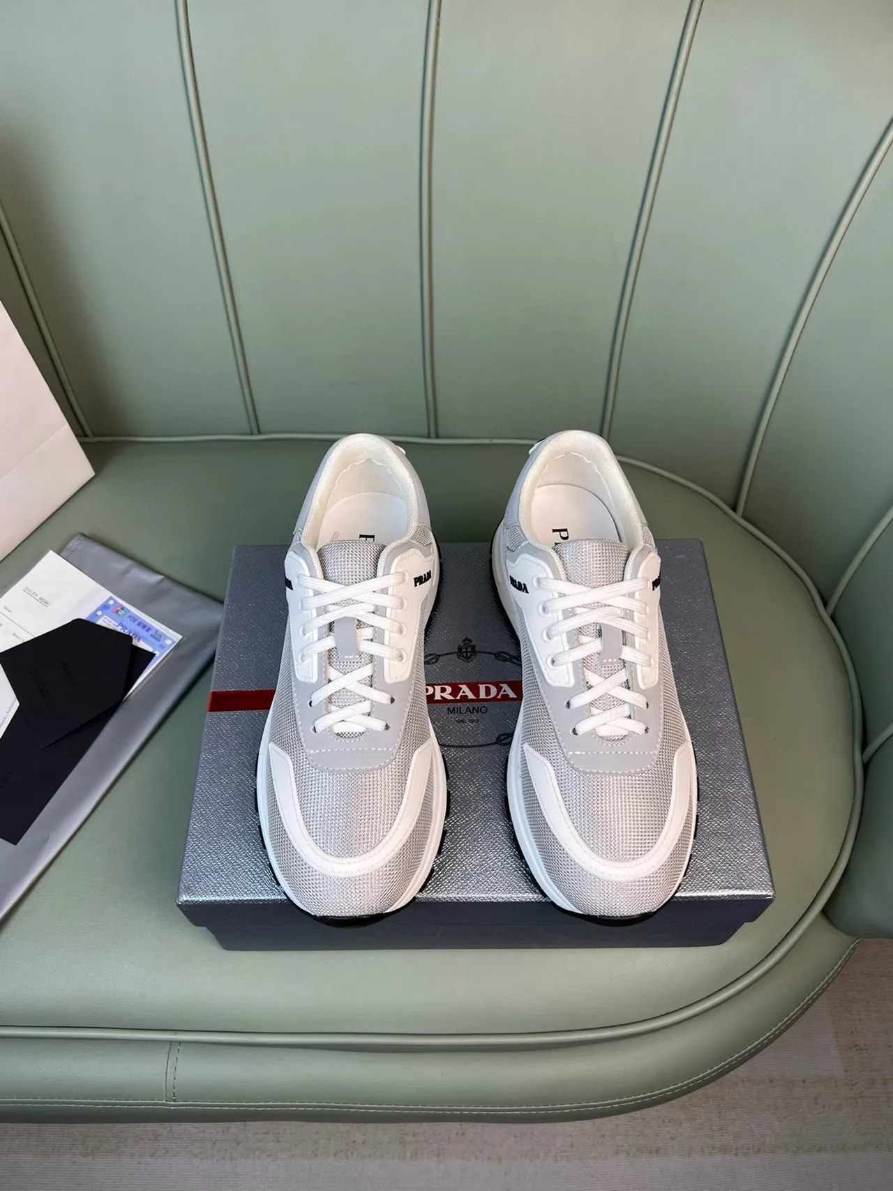 Prada Cloudbust Gray White Mesh Upper Asymmetrical Overlay Lifestyle Sneakers 9