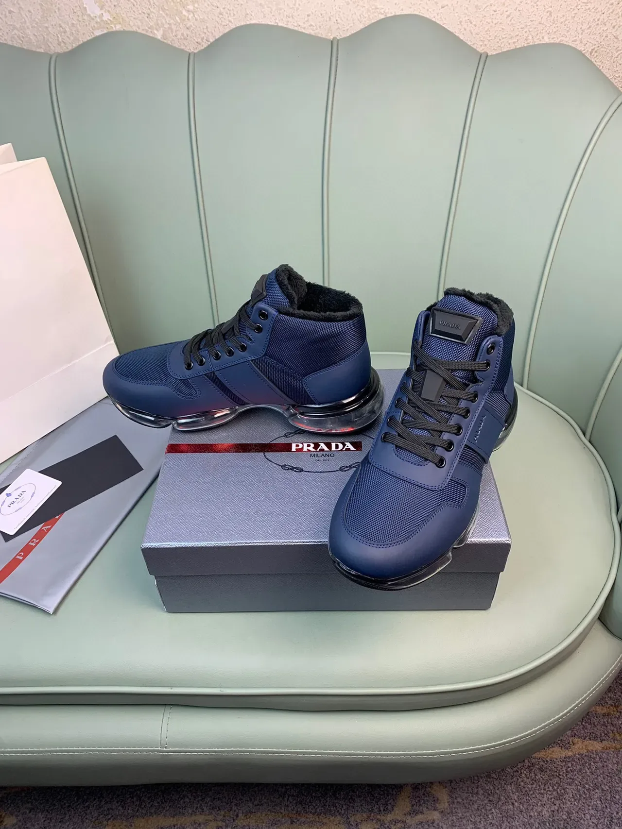 Prada Cloudbust High-Top Blue Mesh and Leather Lifestyle Sneakers 5