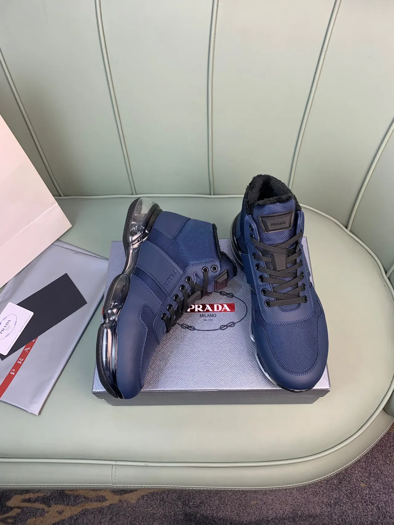 Prada Cloudbust High-Top Blue Mesh and Leather Lifestyle Sneakers 6