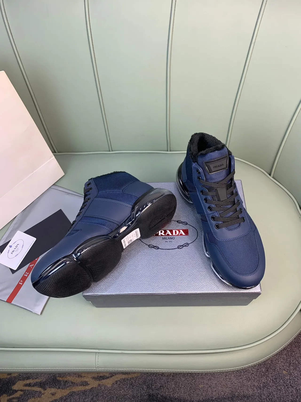 Prada Cloudbust High-Top Blue Mesh and Leather Lifestyle Sneakers 8
