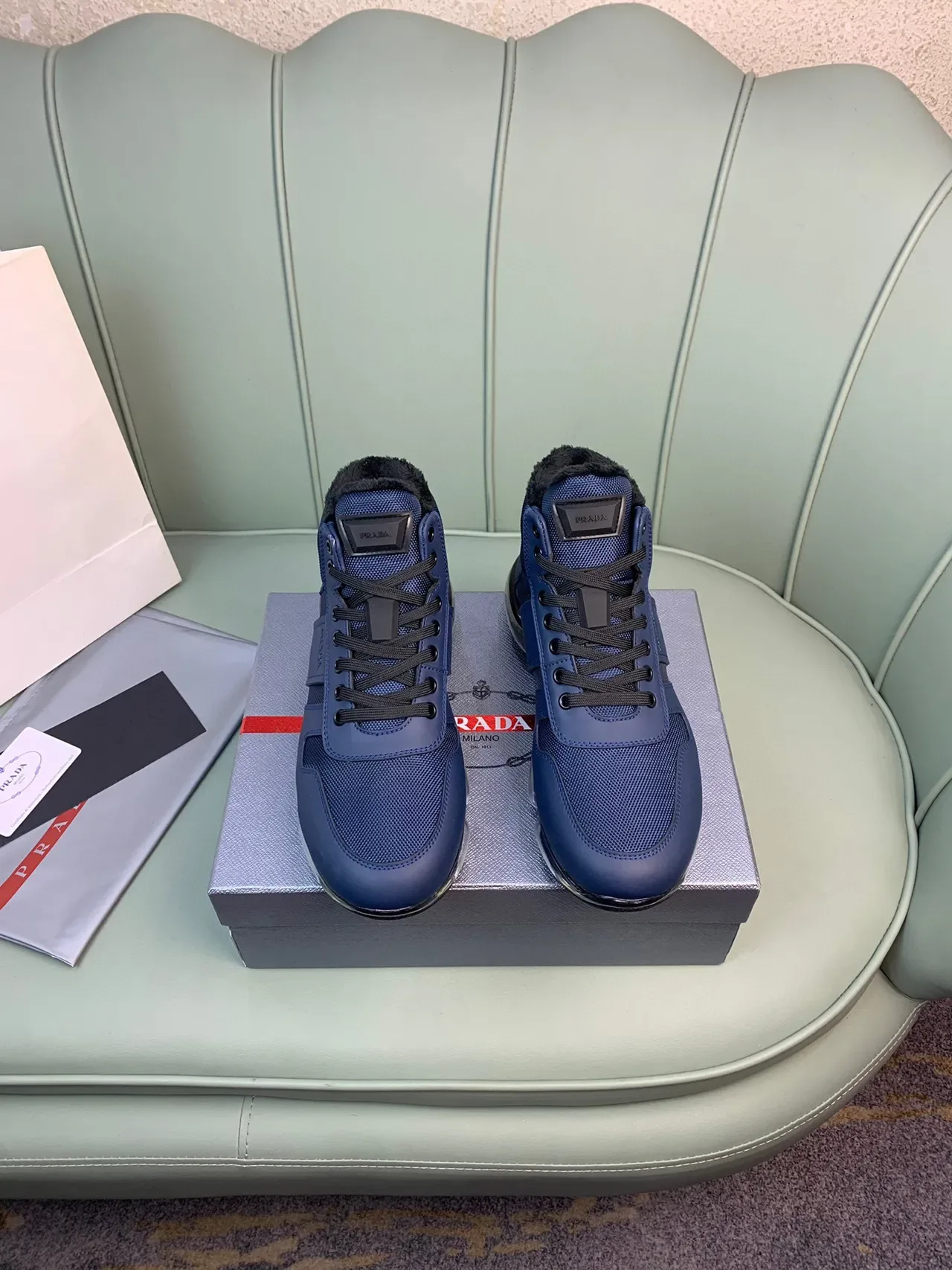 Prada Cloudbust High-Top Blue Mesh and Leather Lifestyle Sneakers 9