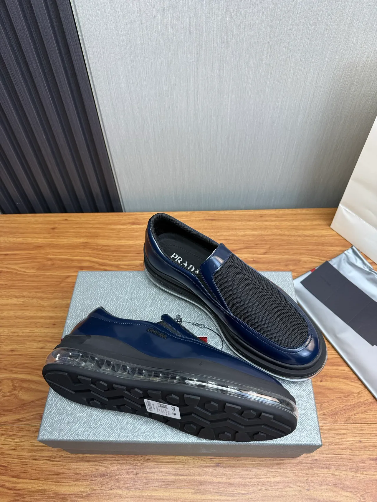 Prada Cloudbust Navy Patent and Mesh Loafers 6