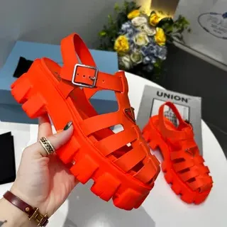 Prada Cloudbust Orange Silver Chunky Lug Sole Multi-Strap Cage Gladiator Sandals