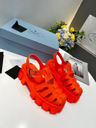 Prada Cloudbust Orange Silver Chunky Lug Sole Multi-Strap Cage Gladiator Sandals 5