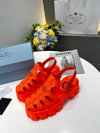 Prada Cloudbust Orange Silver Chunky Lug Sole Multi-Strap Cage Gladiator Sandals 7