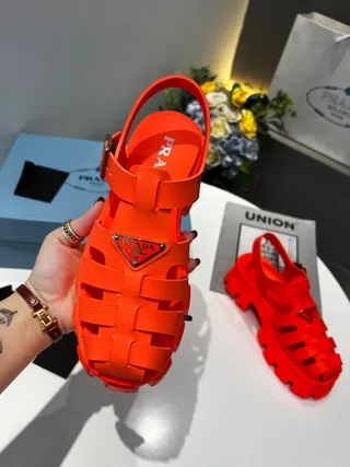 Prada Cloudbust Orange Silver Chunky Lug Sole Multi-Strap Cage Gladiator Sandals 8