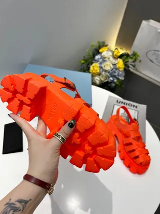 Prada Cloudbust Orange Silver Chunky Lug Sole Multi-Strap Cage Gladiator Sandals 9
