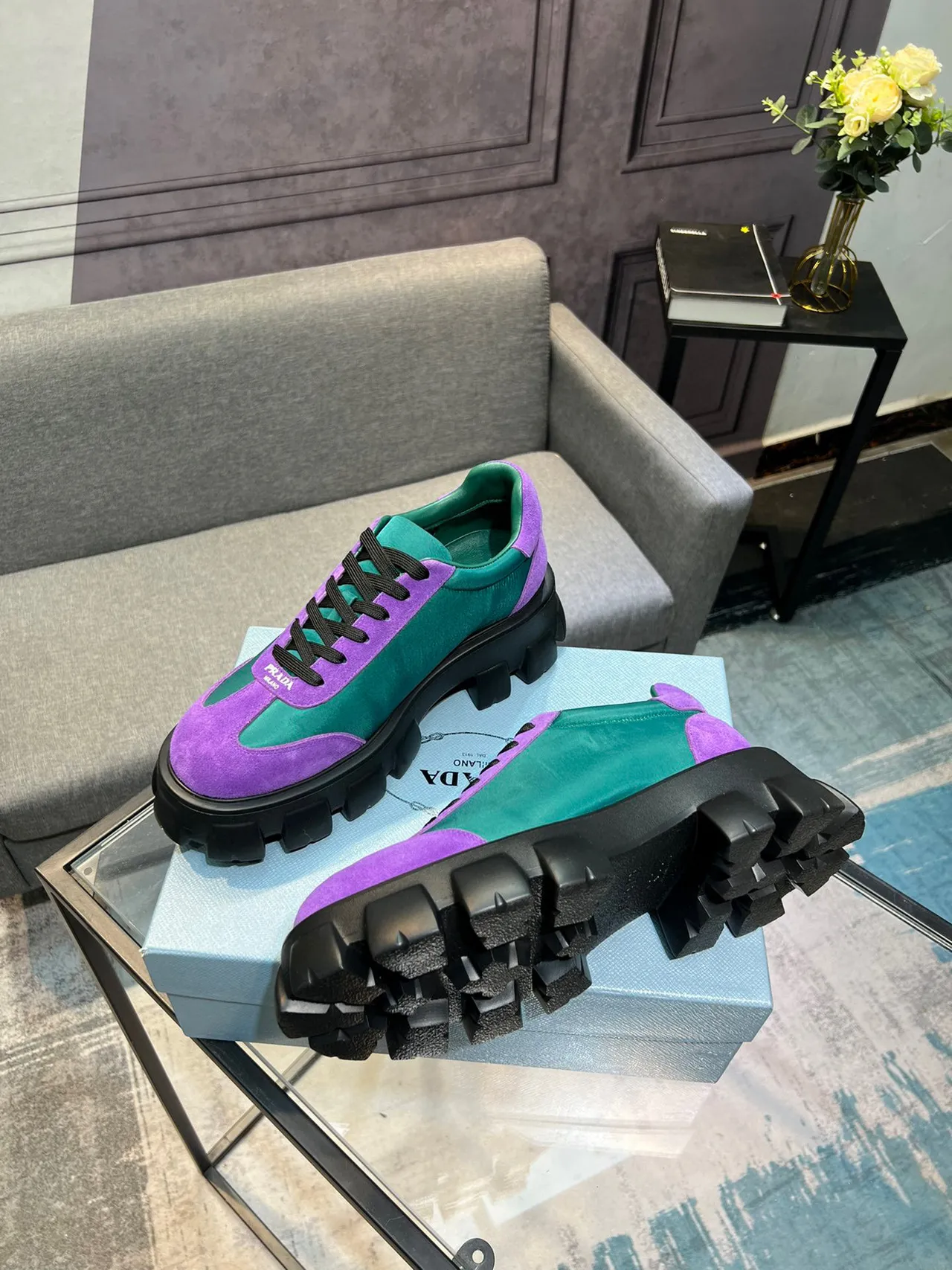 Prada Cloudbust Purple and Teal Suede Chunky Sneakers 4