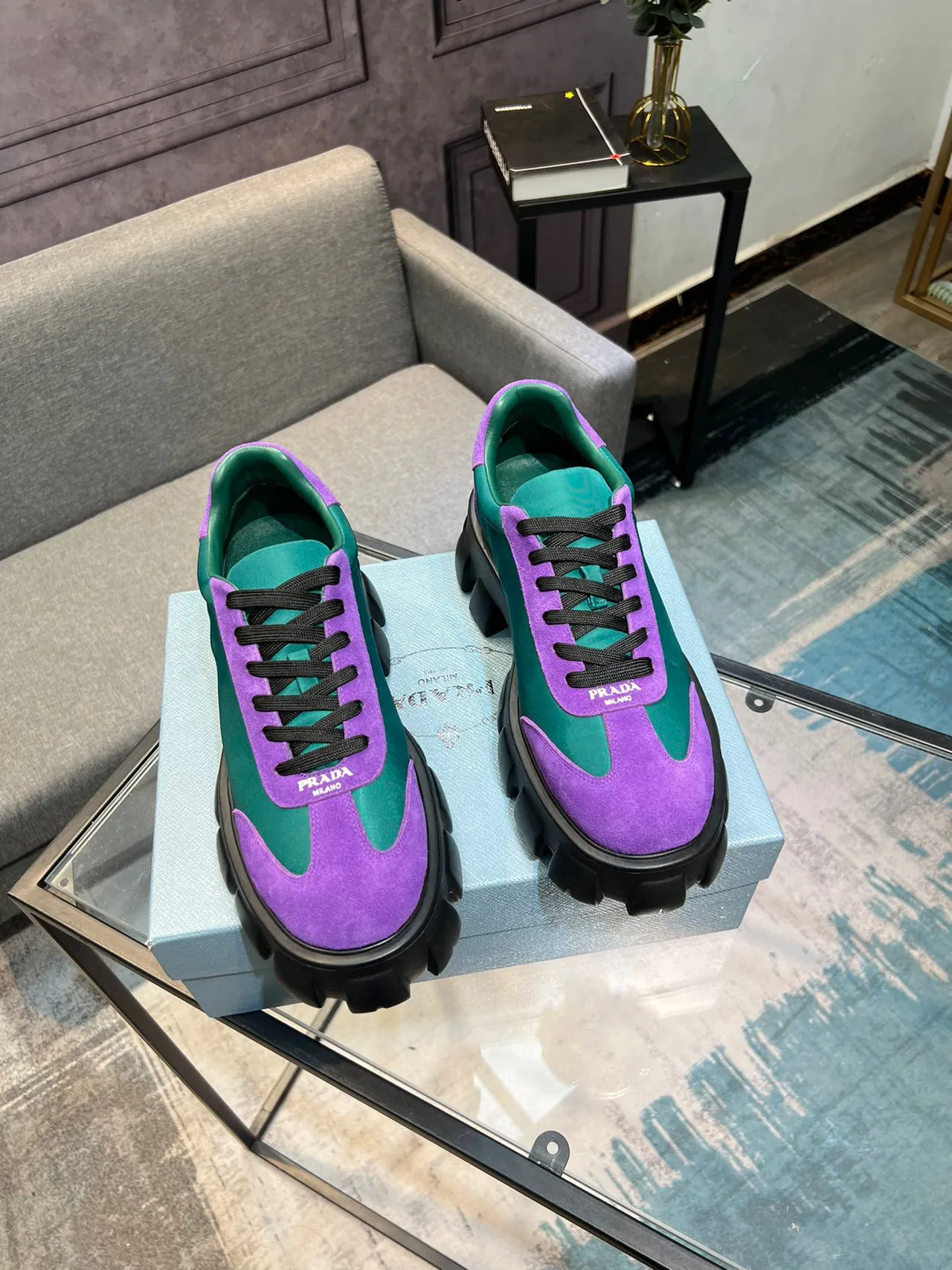 Prada Cloudbust Purple and Teal Suede Chunky Sneakers 5
