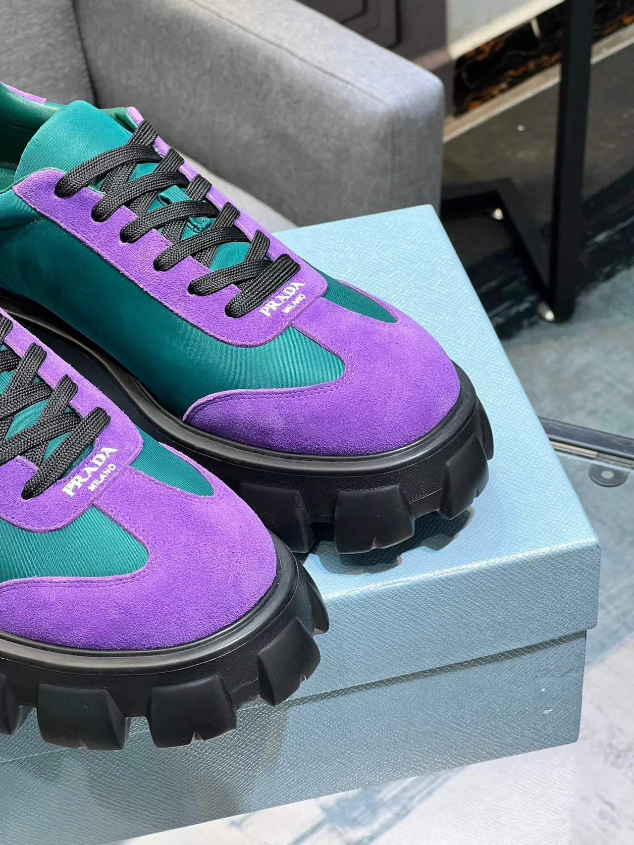 Prada Cloudbust Purple and Teal Suede Chunky Sneakers 7