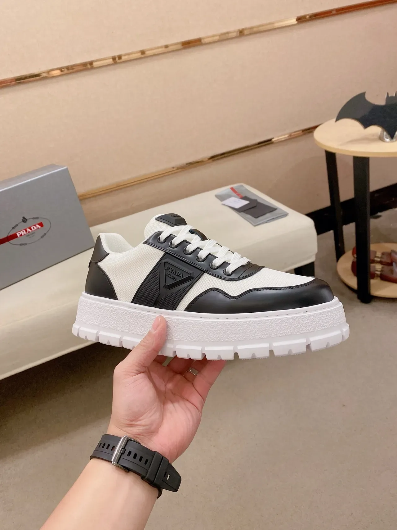 Prada Cloudbust Two-Tone Leather and Textile Chunky Sneakers 4