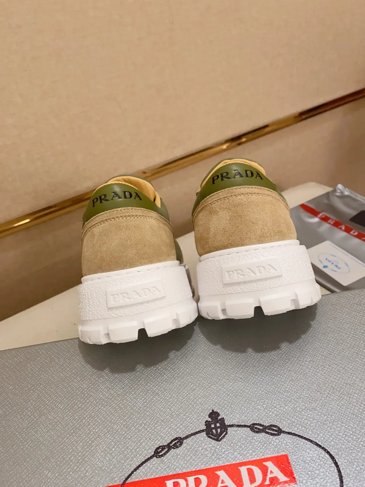 Prada Cloudbust Two-Tone Olive and Beige Lifestyle Sneakers 4