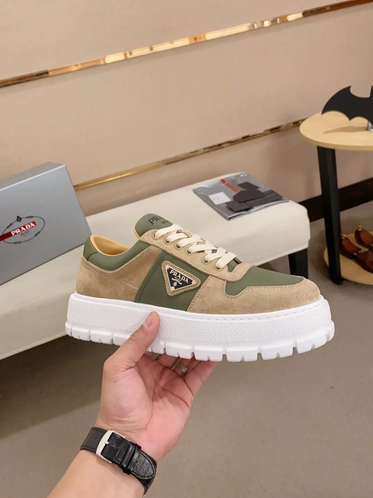 Prada Cloudbust Two-Tone Olive and Beige Lifestyle Sneakers 5