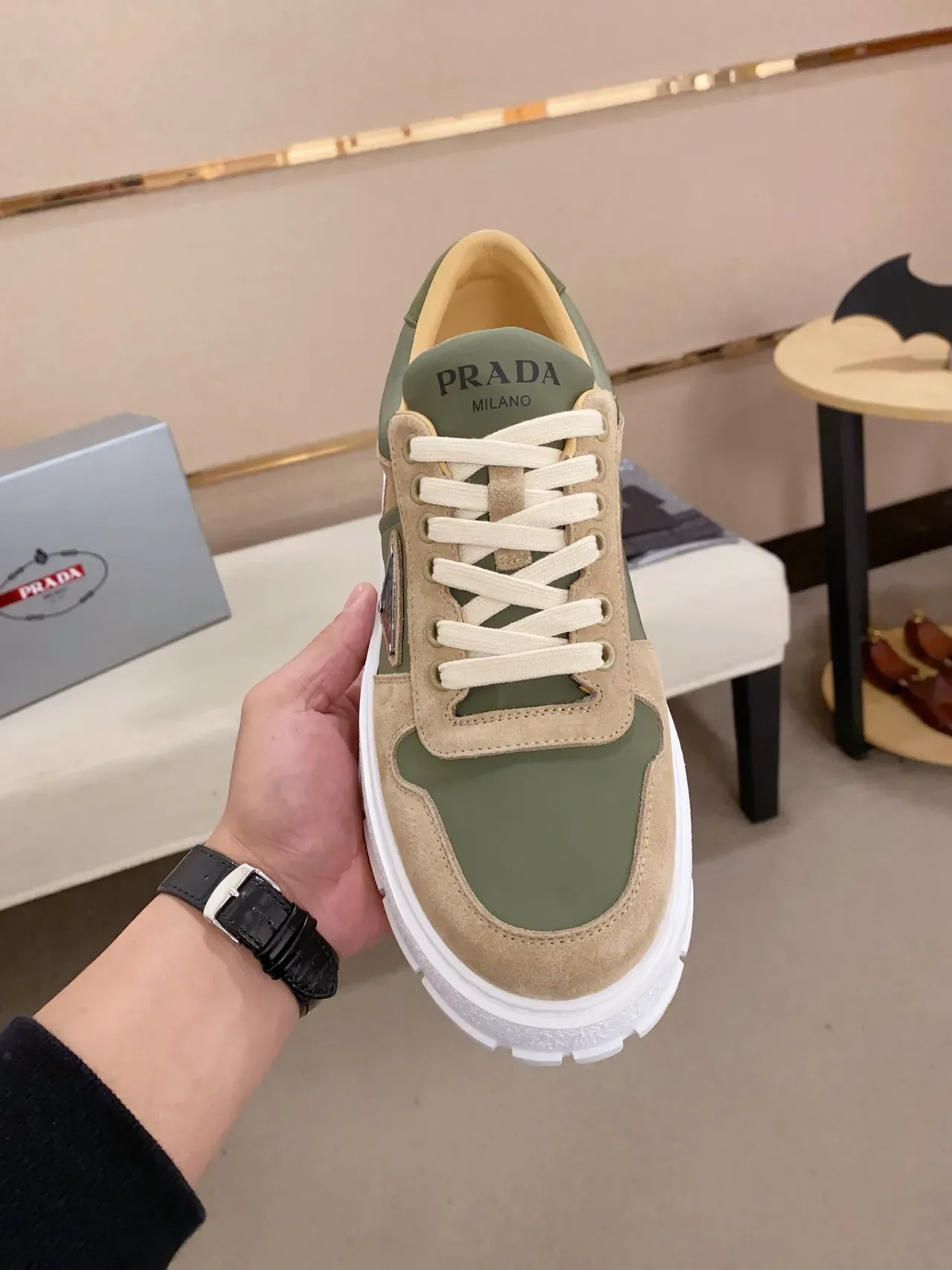 Prada Cloudbust Two-Tone Olive and Beige Lifestyle Sneakers 6