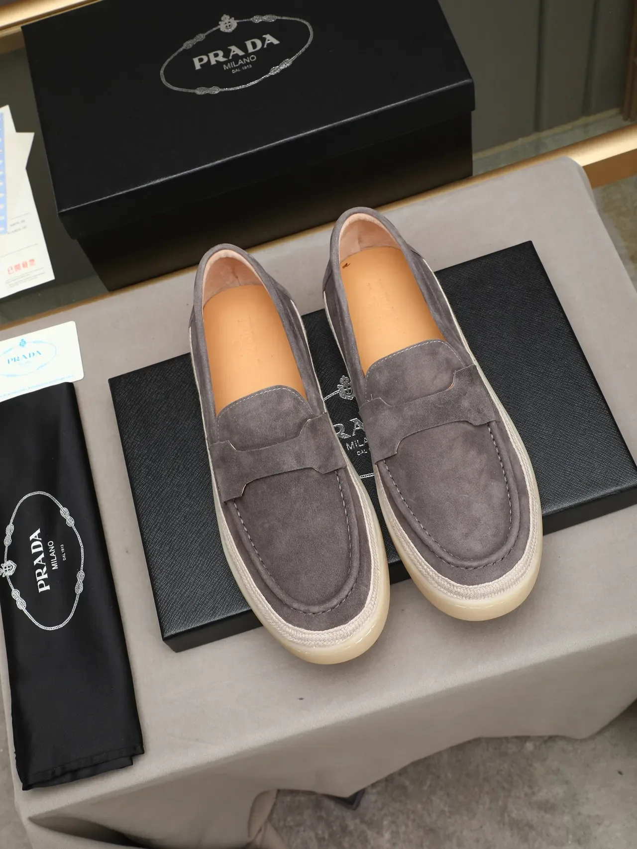 Prada Gray Beige Suede Upper Woven Jute Midsole Band Loafer 3