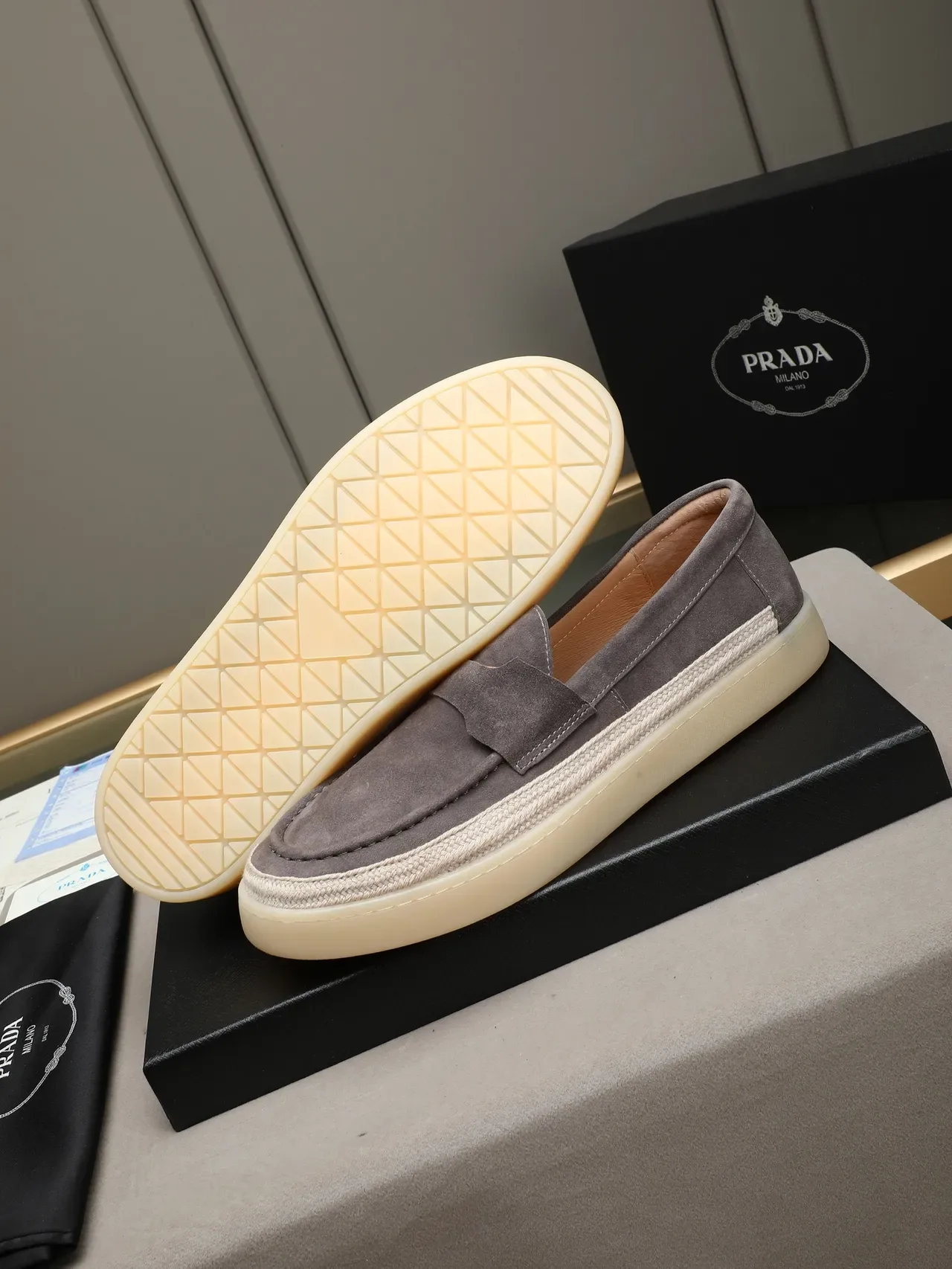 Prada Gray Beige Suede Upper Woven Jute Midsole Band Loafer 5