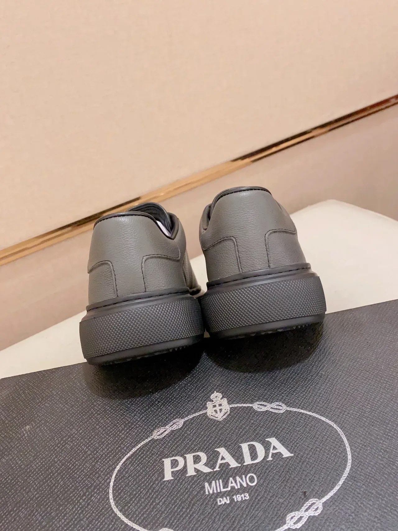 Prada Gray Black Leather Upper Triangular Metal Logo Lifestyle Sneakers 3