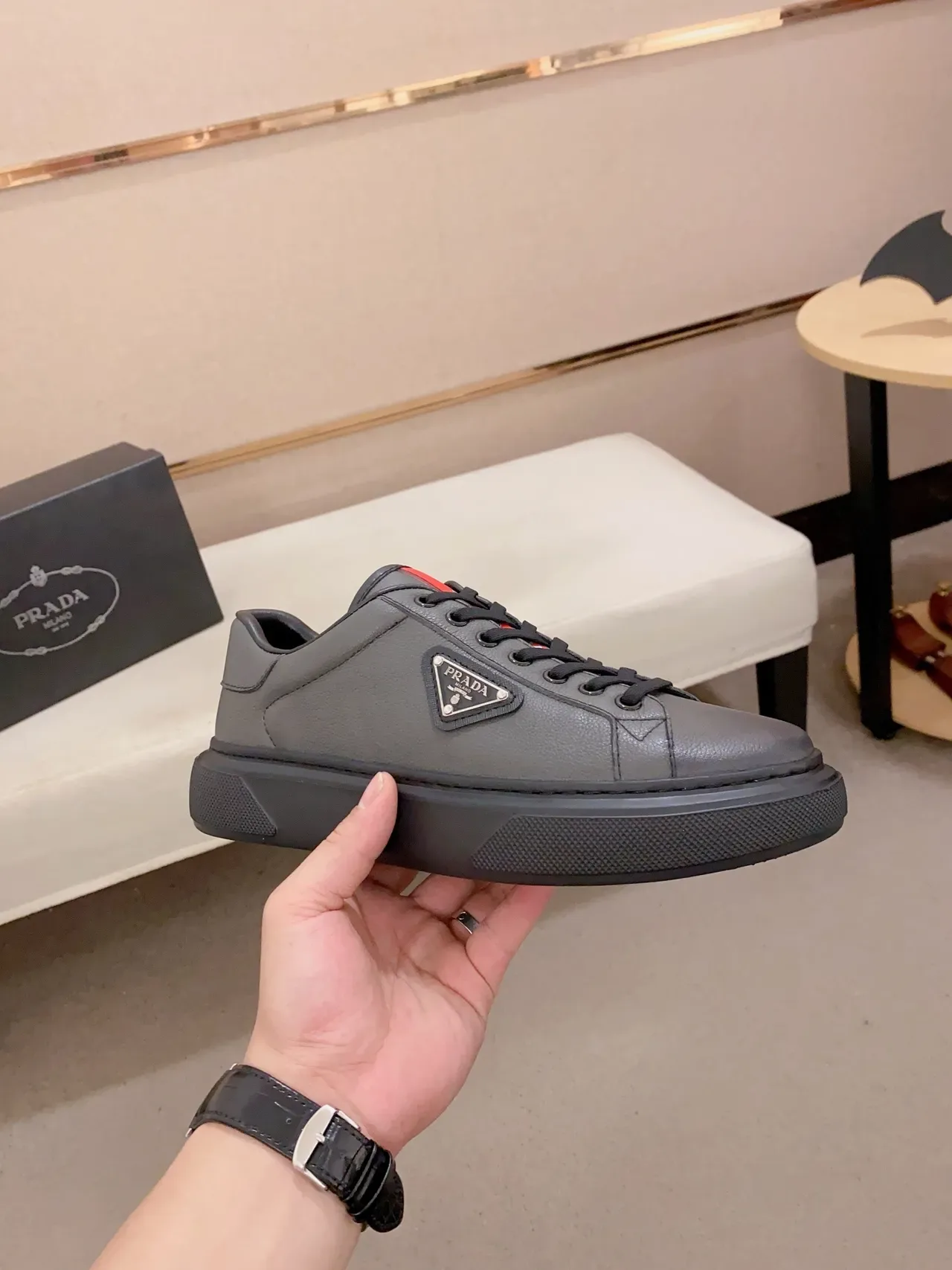 Prada Gray Black Leather Upper Triangular Metal Logo Lifestyle Sneakers 4