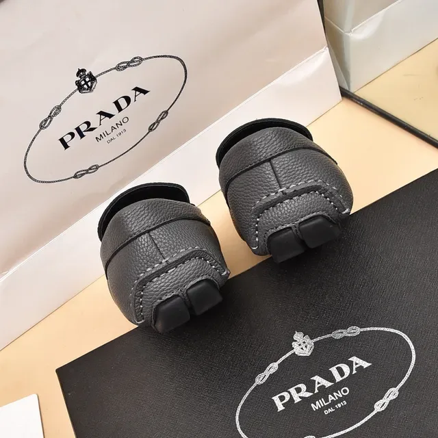 Prada Gray Black Pebbled Leather Moc-Toe Loafer 2