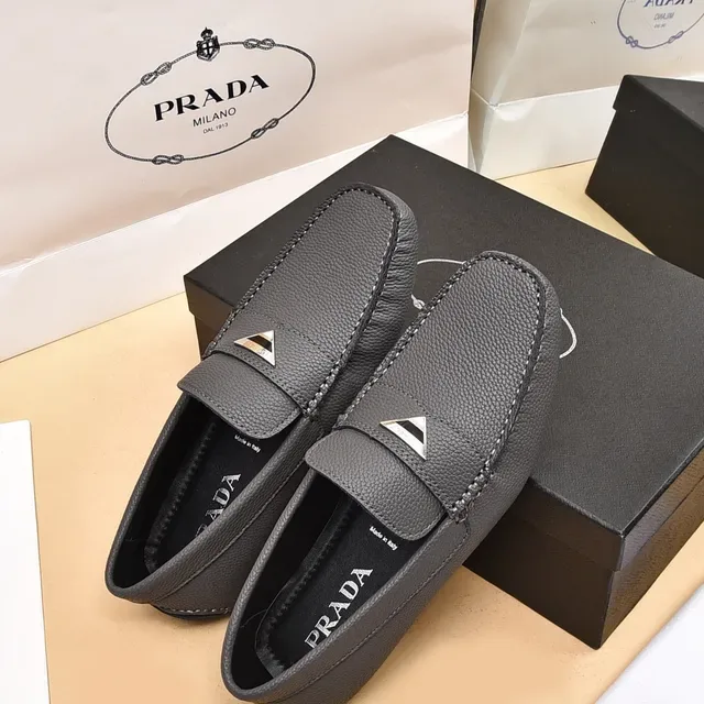Prada Gray Black Pebbled Leather Moc-Toe Loafer 3