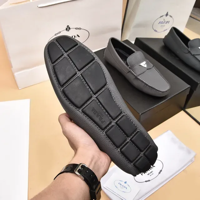 Prada Gray Black Pebbled Leather Moc-Toe Loafer 4