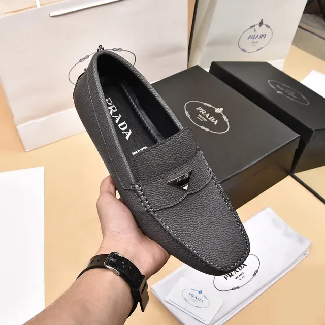 Prada Gray Black Pebbled Leather Moc-Toe Loafer 6