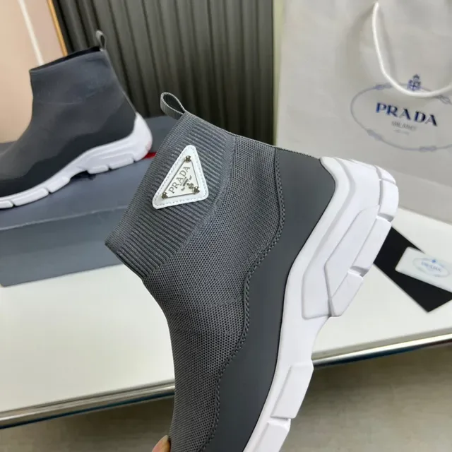 Prada Gray White Knit Sock Upper Molded Rubber Toe Cap Lifestyle Sneakers 3