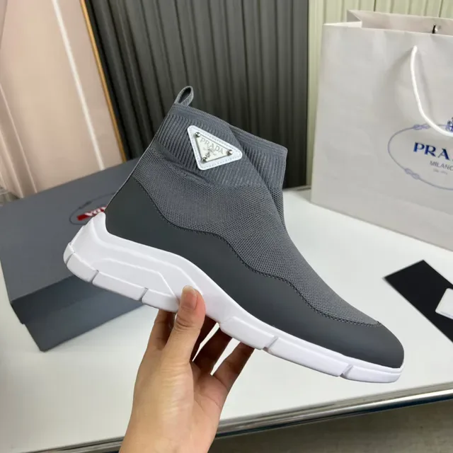 Prada Gray White Knit Sock Upper Molded Rubber Toe Cap Lifestyle Sneakers 4
