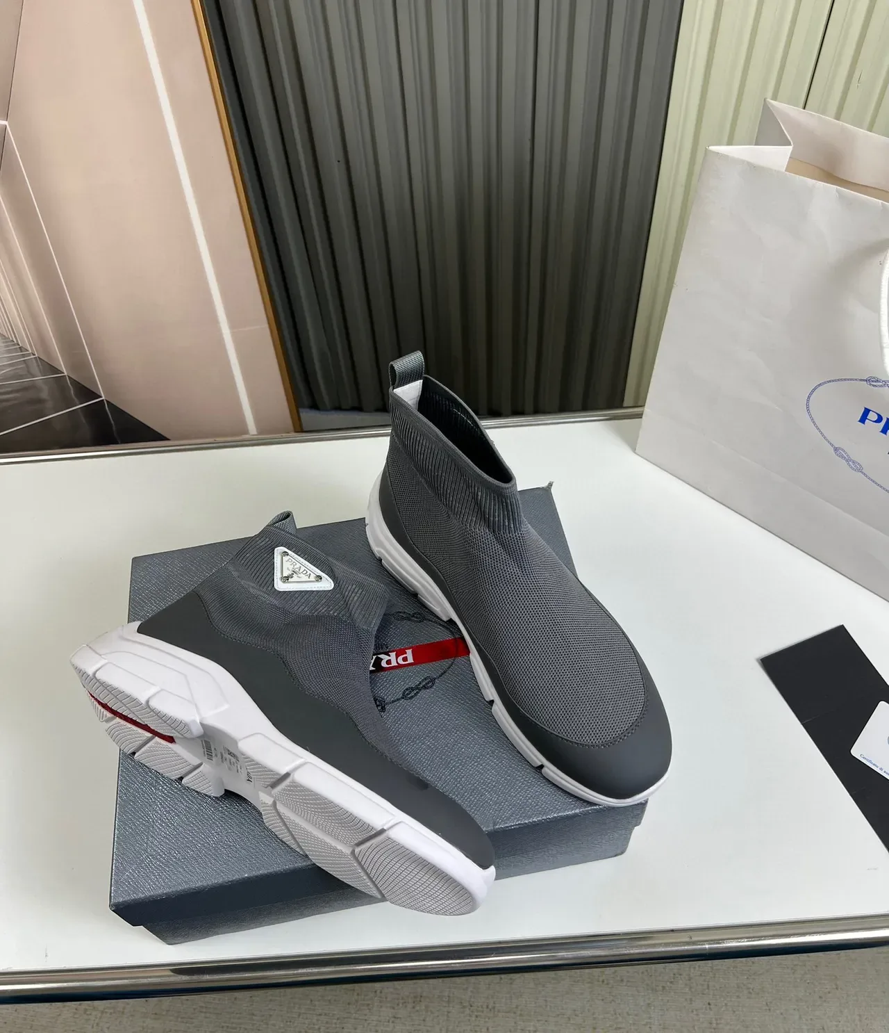 Prada Gray White Knit Sock Upper Molded Rubber Toe Cap Lifestyle Sneakers 5