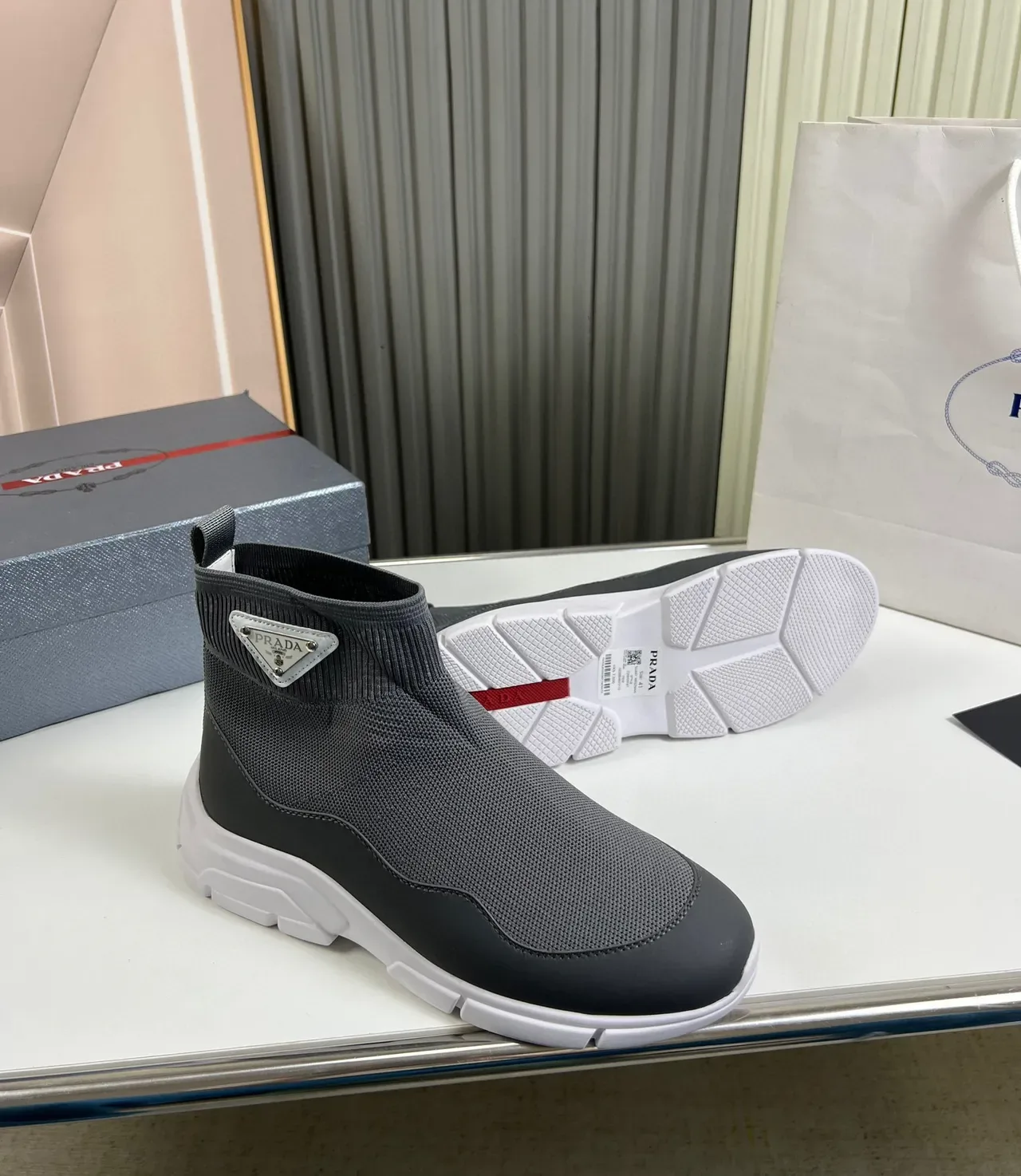 Prada Gray White Knit Sock Upper Molded Rubber Toe Cap Lifestyle Sneakers 7