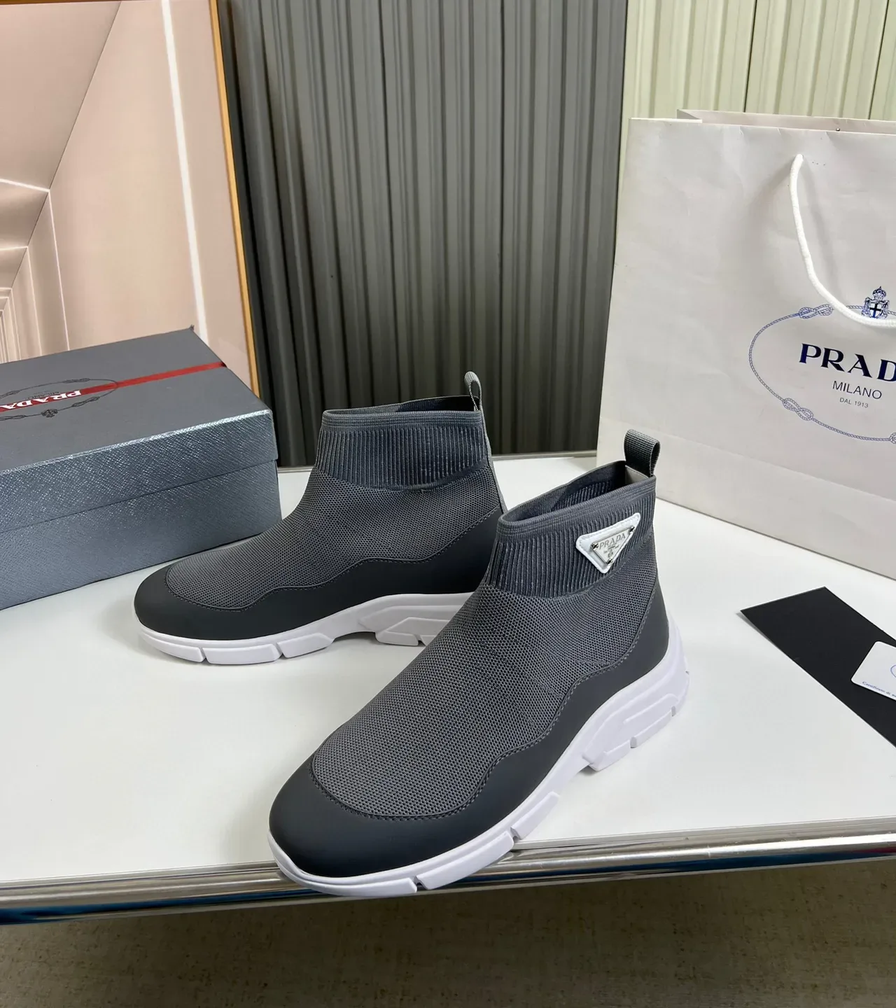 Prada Gray White Knit Sock Upper Molded Rubber Toe Cap Lifestyle Sneakers 8