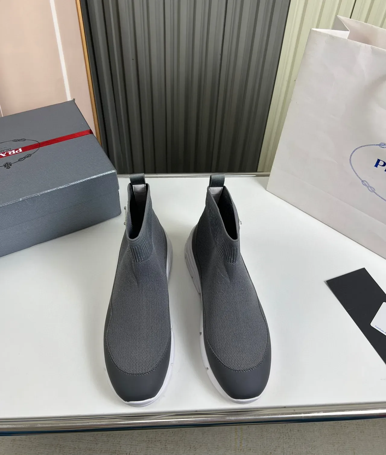 Prada Gray White Knit Sock Upper Molded Rubber Toe Cap Lifestyle Sneakers 9