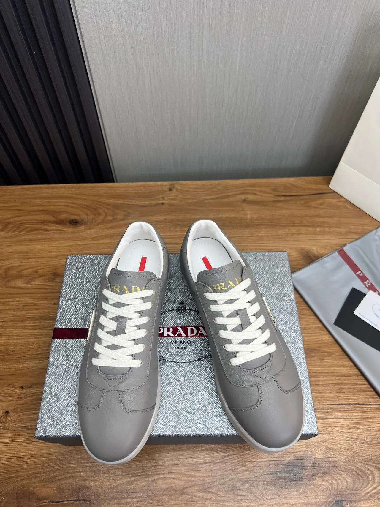 Prada Gray White Leather Upper Triangle Logo Plaque Lifestyle Sneakers 2