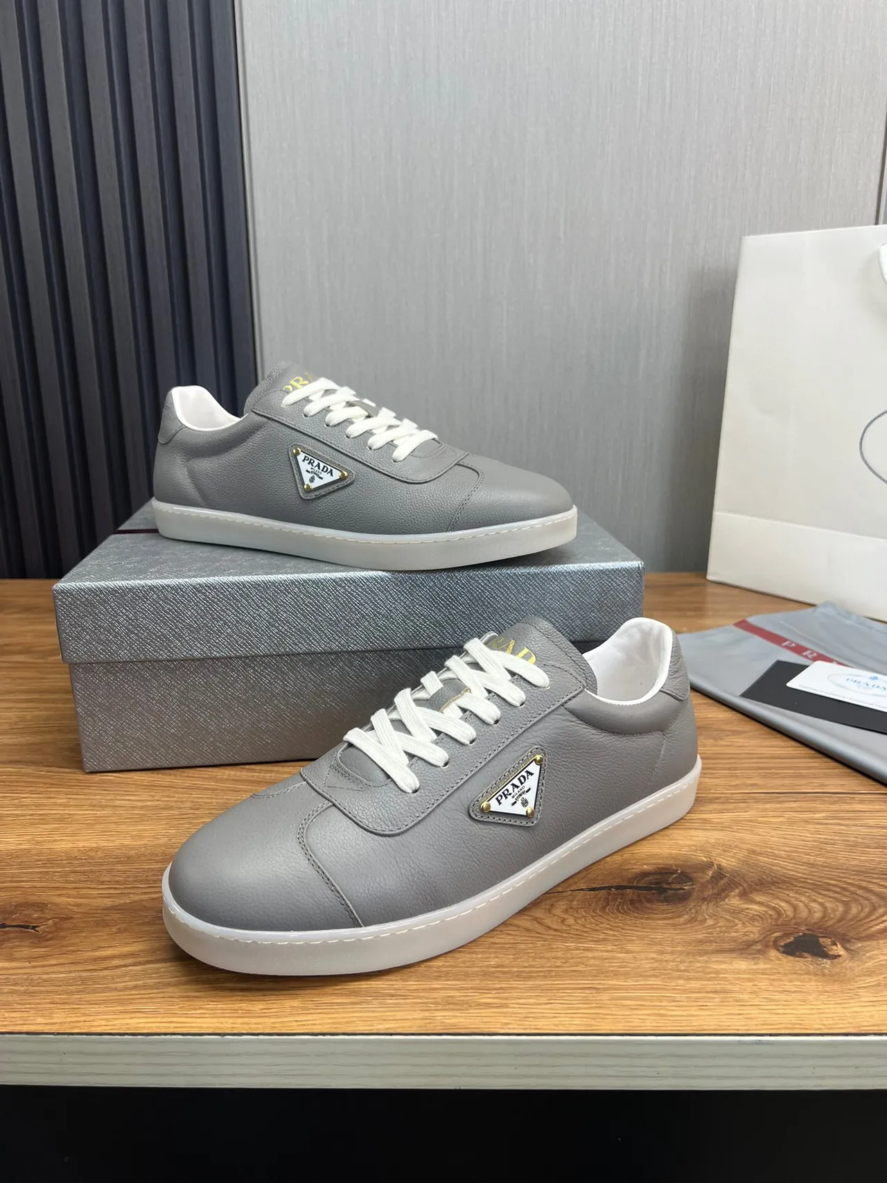 Prada Gray White Leather Upper Triangle Logo Plaque Lifestyle Sneakers 4